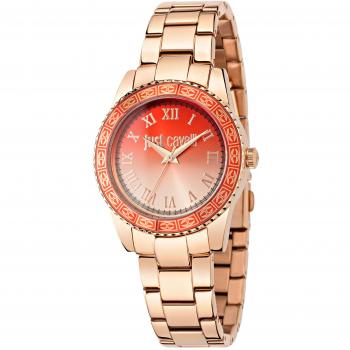 Reloj Just Cavalli Mujer R7253202506 - Reloj de pulsera, diseño elegante y moderno, caja de acero inoxidable, esfera con detalles en dorado, correa de piel negra, resistente al agua hasta 30 metros
