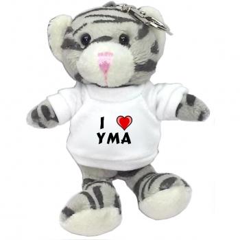 Gato gris de peluche (llavero) con Amo Yma en la camiseta (nombre de pila/apellido/apodo)