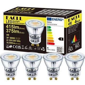EACLL Mini Bombillas LED GU10 Blanco Cálido 4W Equivalente 50W Halógena, Pack de 4, Focos Sin Parpadeo AC 230V, 3000K 375 Lúmenes, Angulo del haz 36° Spotlight, Lámpara Reflectora no Regulable