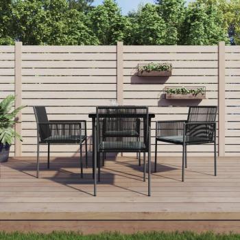 Set comedor jardín 5 piezas con cojines de acero y ratán sintético negro