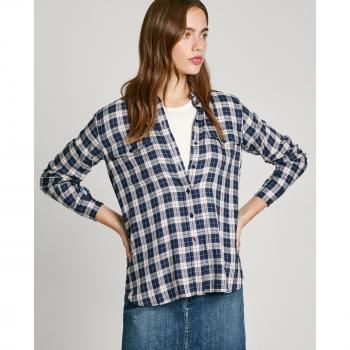 Camisa de mujer Pepe Jeans Polivia azul marino de manga larga con estampado de cuadros, casual y de viscosa