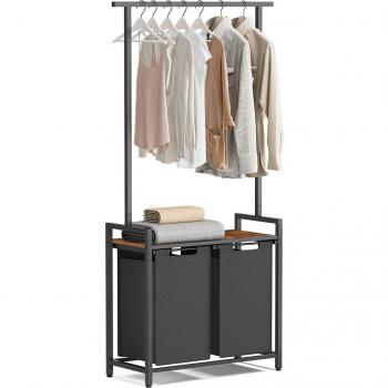 Cesto doble para ropa sucia con barra colgante, estante y 2 bolsas extraíbles y desmontables, capacidad de 46 litros cada uno, en color greige o marrón rústico