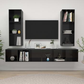 Mueble de salón de pared 4 piezas, aglomerado negro con brillo, diseño moderno y elegante, incluye mueble para TV, mesa de TV, y espacio de almacenamiento