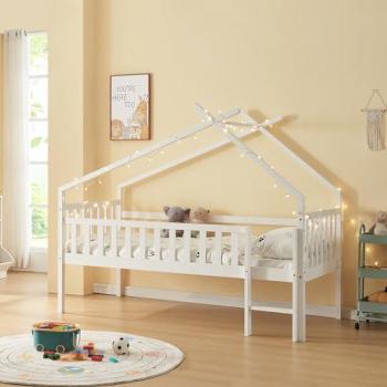 Cama Alta Cabaña para Niños Sotkamo 90x200 cm de Madera de Pino Blanco con Barandilla y Escalera