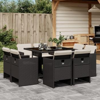 9-Piece Black Poly Rattan Garden Dining Set with Cushions