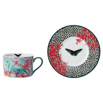 Juego de Taza y Plato de Porcelana Mikasa x Sarah Arnett, Estampado de Mariposas, 250ml, Apto para Lavavajillas
