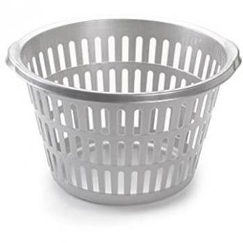 Cesta para la ropa redonda Acan Tradineur, cesta colada redonda, color plata, dimensiones 47 x 45 x 28 cm