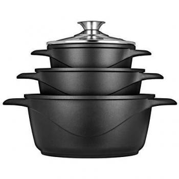 SMILE MGK18 - Batería de Cocina Inducción 6 Piezas Aluminio Fundido, 3 Ollas (16/20/24cm), Tapas de Vidrio Templado, Revestimiento Antiad