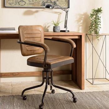 Sillón Marcel con ruedas, asiento de cuero acolchado y reposabrazos de madera de mango