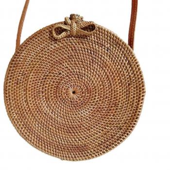 BALI BOHEME Bolso Mujer Tendencia Verano 2018 - Atrévete el bolso redondo de ratán con asa de cuero - Talla Mediana 20cm - Made in Bali - Modelo Clásico Nodo