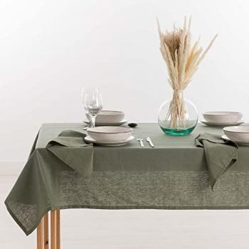 Mantel Belum Antimanchas Lino 100% Verde Militar 200 x 150 cm, Repelente al Agua y a las Manchas, Mesa Rectangular Resinado, Hidrófugo de Calidad para Interior y Exterior