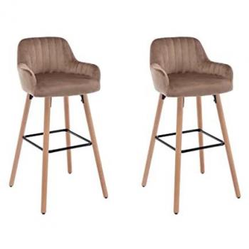 Juego de 2 taburetes de bar en terciopelo con patas de madera de haya - Beige - ELEANA