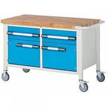 Banco de trabajo móvil Eurokraft Pro Serie 8000 - Estructura robusta, 2 cajones, 2 puertas, dimensiones 1500 x 700 mm
