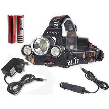 Boruit 5000Lumen CREE XM-L XML 3 x T6 LED Headlight Light Headlamp Head Lamp Flashlight+ 2 x 18650 Battery + 1 x AC Charger + 1 x Car Charger For Outdoor Sports Like Cmaping Hiking Fishing