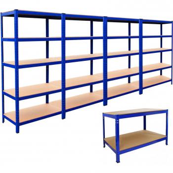 4 Estanterías T-Rax de Acero Sin Tornillos Azul 90x45x180cm con Banco de Trabajo