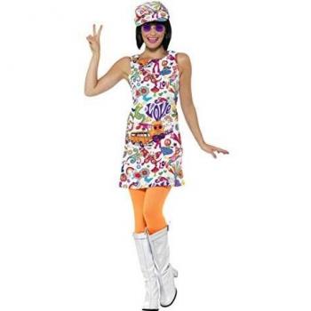 Smiffys-44911L Disfraz Buena Onda años 60 para Chica, con Vestido y Sombrero, Multicolor, L-EU Tamaño 44-46