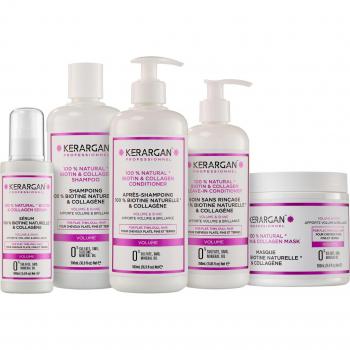 Kerargan Set Completo de Cuidado Capilar con Biotina y Colágeno - Incluye Champú (500ml), Acondicionador (500ml), Mascarilla (350ml), Suero (100ml) -