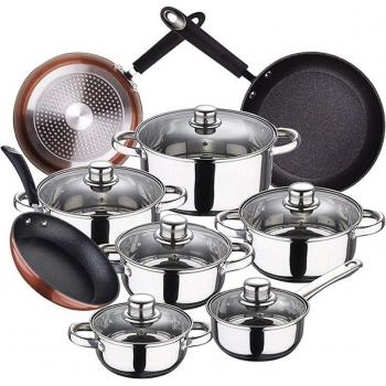 Batería de cocina 12 piezas SAN IGNACIO Cassel en acero inoxidable con juego de sartenes Moma en aluminio forjado