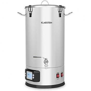 Klarstein Maischfest caldera - Maquina Cerveza artesanal, Fabrica y Fermentadores de cerveza, Lote 5 piezas, Cubo para filtrar, Refrigerante, LCD, Grifo, Acero 304, 2 niveles 1500/3000W, 30L, Gris