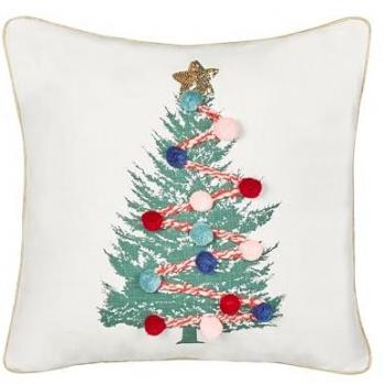 Cojín Decorativo Navidad 45 x 45 cm Algodón con Funda Extraíble y Relleno de Poliéster, Estampado de Árbol de Navidad Beige y Blanco