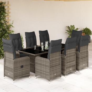 9-Piece Grey Poly Rattan Garden Bistro Set with Cushions