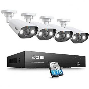 ZOSI Kit de Cámara de Vigilancia PoE 4pcs 8MP Cámaras de Seguridad IP 8CH 4K H.265+ NVR con 2TB Disco Duro, Visión Nocturna, Detección de Personas
