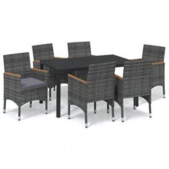 7-Piece Grey Poly Rattan Garden Dining Set with Cushions