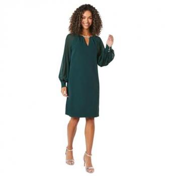 Embellished Sequin Chiffon Sleeve Shift Dress for Women - Green, Size 10 UK