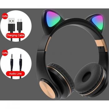Auriculares inalámbricos Bluetooth con micrófono y luz RGB de orejas de gato, reducción de ruido para niños