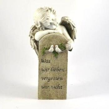 Figura decorativa con diseño de ángel y piedra grabada con texto en alemán Was wir lieben vergessen wir nicht