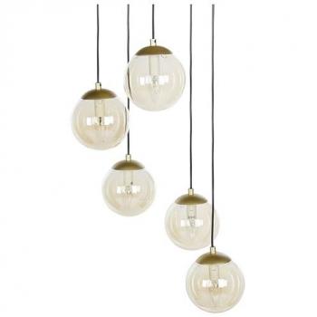 Lámpara Colgante Moderna de 5 Luces con Pantallas Redondas de Vidrio Ahumado y Base Negra en Metal Dorado