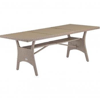 Mesa de jardín Polyrattan Takeo crema 190x90x75cm WPC con repisa, regulable en altura, aspecto de madera, resistente a la intemperie