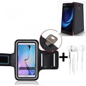 TOP SET: Coloque brazal del neopreno Footing + Headset Case / brazal de los deportes / Case Deporte / Deporte Alto Brazalete / a Leagoo Elite 5 en negro, con franjas reflectantes. Universal aptitud de Apple para el uso al aire libre del [Fabricante] [MODE
