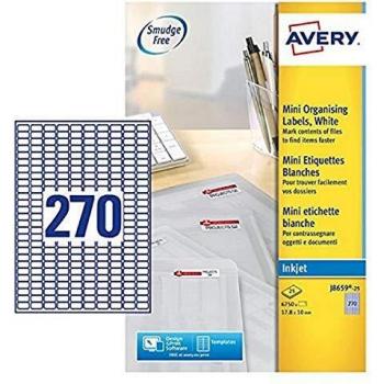 Avery J8659-25 Self-Adhesive Mini Filing Labels, 270 Labels Per A4 Sheet, White