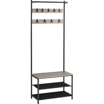 Perchero Recibidor con Banco Zapatero y 9 Ganchos Extraíbles, Estilo Industrial, Marrón Rústico y Negro, Dimensiones: 32.2 x 64 x 180 cm