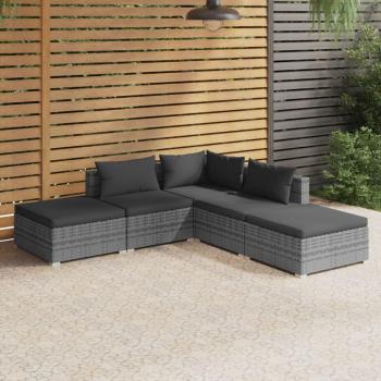 5-Piece Grey Poly Rattan Garden Lounge Set with Cushions