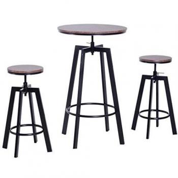 HOMCOM Conjunto Mesa y 2 Sillas Taburetes Mueble Redonda Bar Restaurante Juego de 3 Piezas Comedor Estilo Industrial Vintage Altura Ajustable Madera y Acero