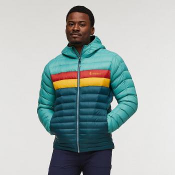 Chaqueta de hombre Cotopaxi Fuego Down Hooded con capucha, colores azul, rojo y amarillo, talla L