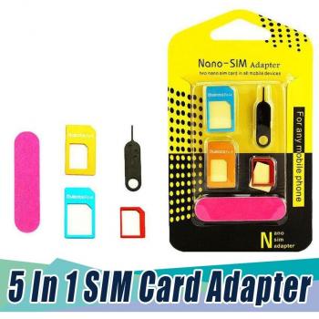 Adaptadores 5 en 1 para tarjeta Nano SIM, Regular y Micro SIM con herramientas para iPhone 7, 8, X y Huawei - Caja al por menor de 100 unidades