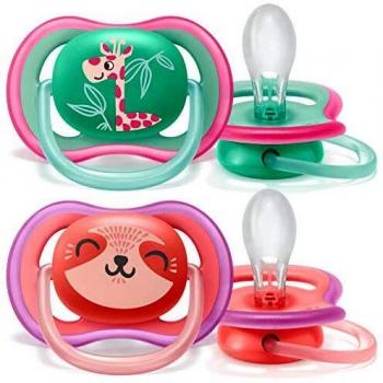 Philips Avent SCF349/12 - Pack de 2 chupetes Ultra Air, tetina extrafirme para 18m+, apta para la piel sensible, con estuche de esterilización, color rosa y verde