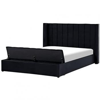 Cama Super King Size de Terciopelo Negro 180 x 200 cm con Reposacabezas Alto y Banco de Almacenaje