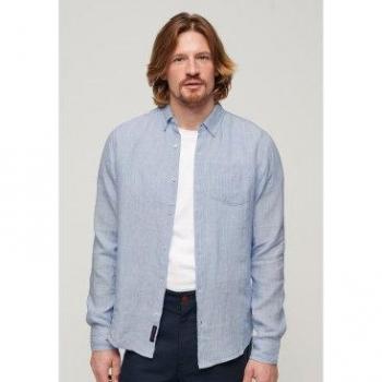 Superdry Men's Long Sleeve Button-Down Linen and Organic Cotton Shirt, Blue Bonnet Stripe, XL