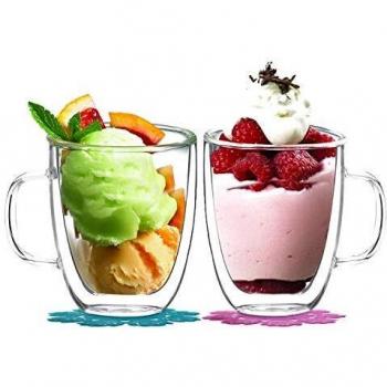 BOQO Tazas de Vidrio Doble Pared, Taza de Cristal con Mango,350ml Juego de 2