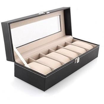 Amzdeal Caja para Relojes, Caja de joyería, Caja de exposición para 6 relojes, Almacenamiento de joyas, Caja vitrina, color negro