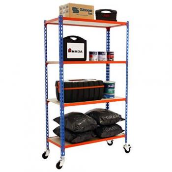 Estantería Maderclick Móvil Superplus 4 Balas de Madera, Azul/Naranja, Sin Tornillos, 75 kg de Capacidad, 1575x1100x300 mm