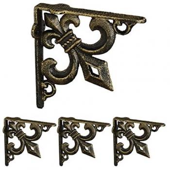 Escuadras de Estantería Envejecidas Retro - 8 Soportes de Hierro Fundido con Flor de Lis en Bronce
