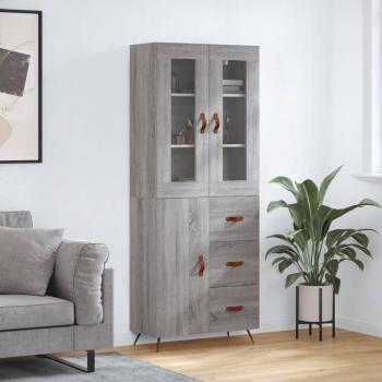 Aparador alto de madera contrachapada gris sonoma 69,5x34x180 cm con 1 puerta y 3 cajones, mueble de almacenaje para salón, buffet y armario auxiliar