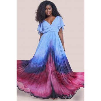 Blue Wavy Ombre A-Line Chiffon Maxi Dress