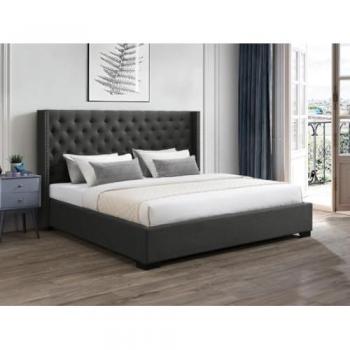Cama con arcón de 200 x 200 cm y cabecero capitoné en tela gris + colchón Massimo