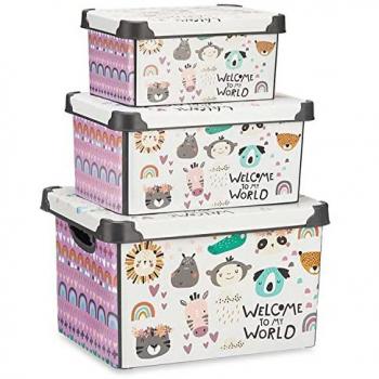 Pack de 3 Cajas de Almacenaje de Plástico con Tapa y Decoración Divertida (Animales) - 22L, 17L y 10L